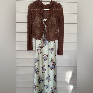 Floral satin/ lace Women Dress - Brown and green size S